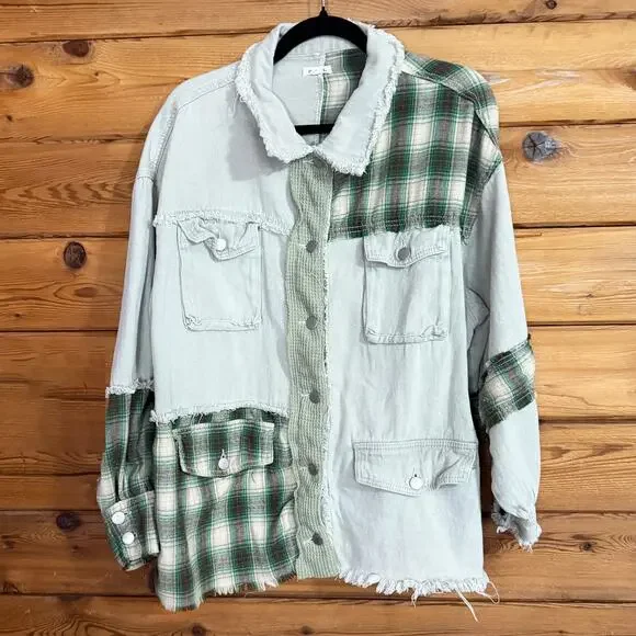 POL Flannel Denim Button Down Jacket Shirt Oversized Women's Medium - Picture 1 of 4